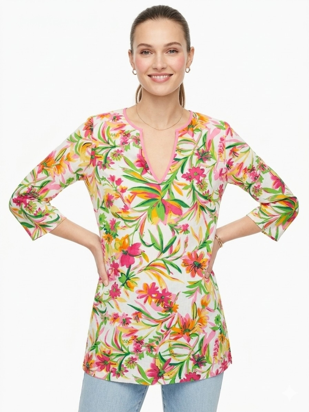 J.Crew Floral Split-Neck Tunic Swim Cover-Up in Pink